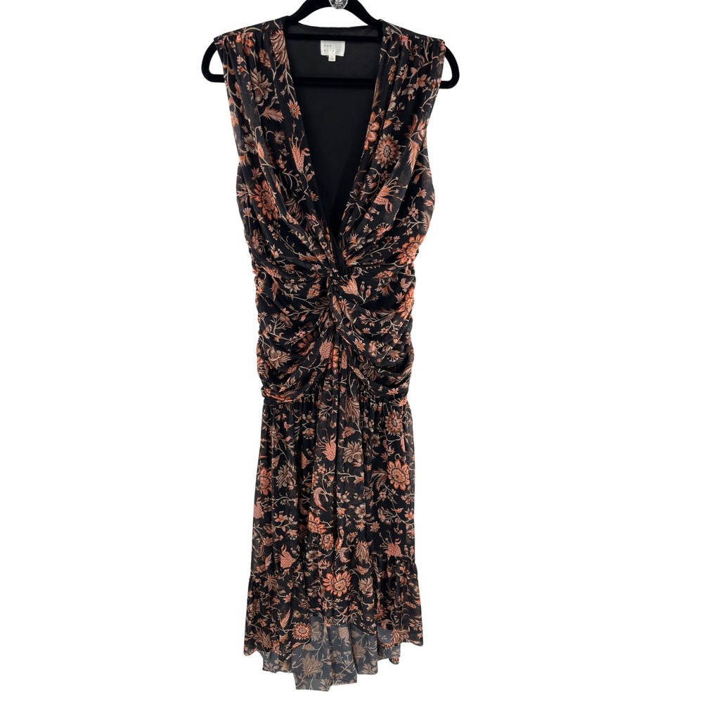 Dee Elly Black Floral‎ Ruched V Neck Sleeveless Midi Dress Size S
